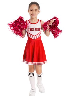 IEFIEL Kids Girls Cheer Leader Costume Letter Print Dresses with Stockings Poms for Halloween Party Cheerleading Fancy Dress
