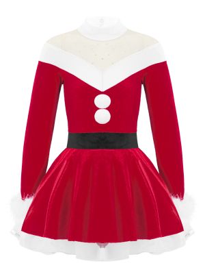 IEFIEL Kids Girls Velvet Long Sleeves Christmas Dance Tutu Dress Leotard Holliday Party Figure Ice Skating Costume Dancewear