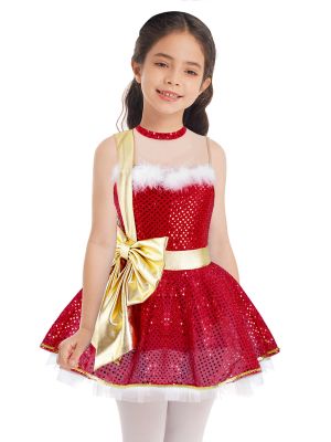 IEFIEL Kids Girls Shiny Sequins Princess Costume Christmas Dance Figure Ice Skating Bowknot Tutu Dress Leotard Xmas Dancewear