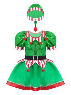 IEFIEL Kids Girls Elf Costume Christmas Santas Helper Sequins Tutu Dress with Hat