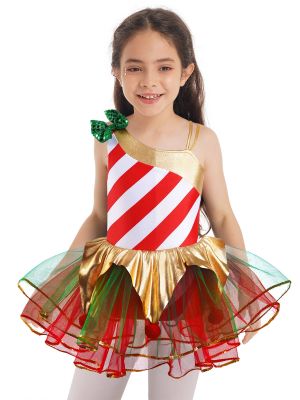 IEFIEL Kids Girls Christmas Candy Cane Costume One Shoulder Xmas Dance Figure Ice Skating Tutu Dress Stage Performance Dancewear