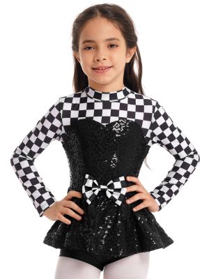 IEFIEL Kids Girls Race Car Driver Costume Sequins Checkerboard Long Sleeve Dance Dress Unitards