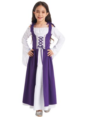 IEFIEL Kids Girls Medieval Princess Costume Historical Renaissance Maiden Off Shoulder Long Maxi Dress Retro Vintage Gown