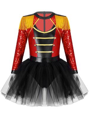 IEFIEL Kids Girls Red Circus Ringmaster Costume Showman Lion Tamer Dance Tutu Dress Leotard Stage Performance Fancy Dress