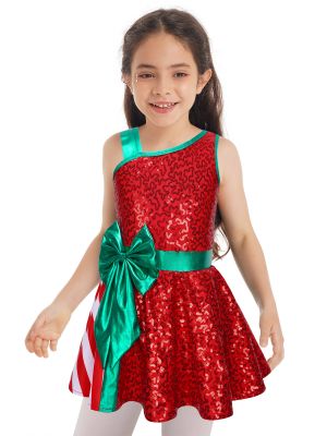 IEFIEL Kids Girls Shiny Sequin Asymmetrical Shoulder Big Bow Tutu Dress for Christmas Party
