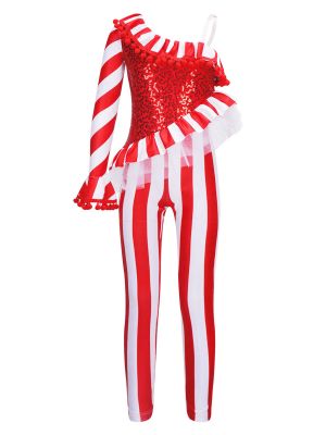 IEFIEL Kids Girls Christmas Candy Cane Costume One Piece Single Shoulder Unitards Jumpsuit for Xmas Dance Stage Performance