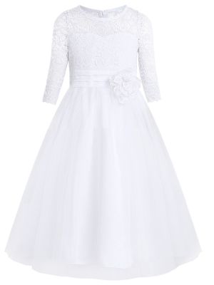 iEFiEL Flower Girls Lace Mesh Half Sleeves Tulle Ball Gowns First Communion Dresses Kids Tea Length Dress Wedding Party 