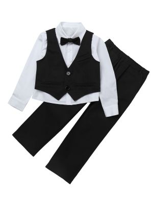 iEFiEL Boys 4-Piece Formal Suit Set V Neck Vest Pants Lapel Neck Long Sleeve Dress Shirt Bowknot Tie Wedding Birthday Party Suit