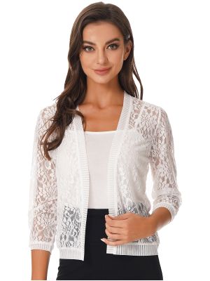iEFiEL Women's Floral Lace Crochet Mesh Cardigan 3 4 Sleeve Sheer Cover Up Jacket Plus Size Open Front Short Shrugs for Dresses