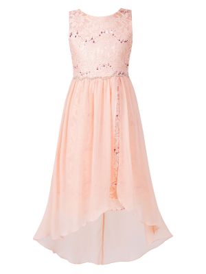 iEFiEL Kids Sleeveless Sequin Floral Lace Chiffon Dresses Irregular Hem Party Dress Long Flower Girls Juniors Bridesmaid Dress