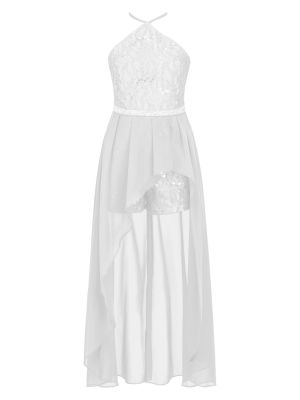 iEFiEL Girls High Neck Floral Lace Maxi Romper Dress Birthday Party Jumpsuit Sleeveless Dress Formal Dance Gown