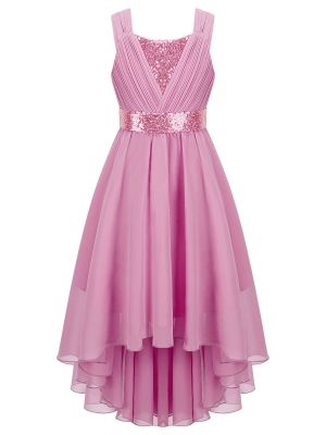 iEFiEL Girls Shiny Sequin Ruched Flower Pageant Wedding Party Princess Dress Kids High-low Bridesmaid Dress Junior Ball Gown