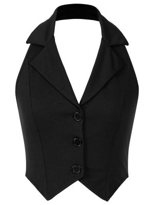 iEFiEL Women's Halter Button Down Waistcoat Vest Dressy Crop Corset Bustier Backless Tank Top Punk Streetwear