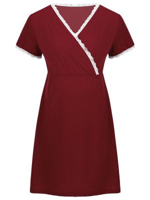 IEFIEL Maternity/Nursing Nightgown Short Sleeve Pleated Breastfeeding Sleep Dress