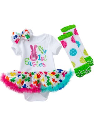 iEFiEL Baby Girls Easter Clothes Set Short Sleeve Round Neckline Letter Print Tutu Skirt Style Romper with Socks and Headband