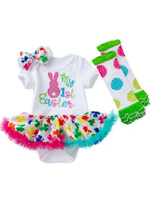 iEFiEL Baby Girls Easter Clothes Set Short Sleeve Round Neckline Letter Print Tutu Skirt Style Romper with Socks and Headband