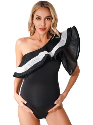 iEFiEL Maternity Photography Bodysuits Body-con Single Shoulder Ruffles Sleeve Pregnancy Photography Bodysuit