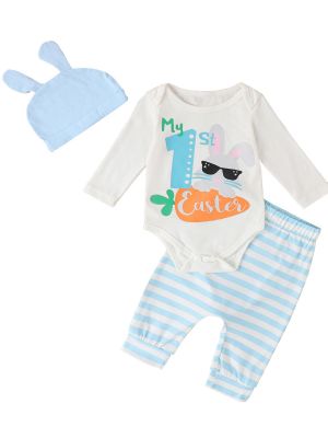 iEFiEL Baby Boy Girl Easter Outfit My 1st Easter Long Sleeve Romper Stripe Pants Bunny Ears Hat 3PCS Clothes Set