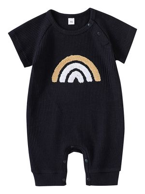 iEFiEL Newborn Baby Girls Summer Romper Rainbow Printed Ribbed Jumpsuits Knitted Outfits Infant Clothes