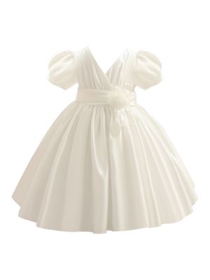 iEFiEL Toddler Girls Adorable 3D Flower Pleated Dress Wrapped V Neck Short Puff Sleeve Tutu Dress Party Dress