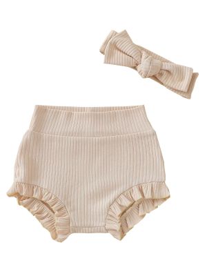 iEFiEL Infant Baby Girl Boy Basic Plain Cotton Ruffle Bloomer Shorts Headband Set