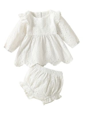 iEFiEL Lovely Newborn Baby Girls Clothes Sets Solid Hollow Out Ruffles Long Sleeve Pleated Dress+Shorts Bloomers Cotton Outfits