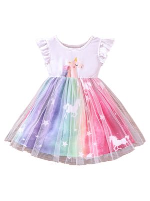 iEFiEL Toddler Girls Tulle Dress Birthday Princess Party Cute Cartoon Pattern Print Causal Tutu Mesh Rainbow Dress