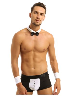 Men Sexy Waiter Tuxedo Lingerie Suit Briefs with Bow Tie Collar and Bracelets
