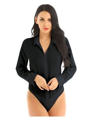 Women's Long Sleeve Button Down One Piece Blouse Shirts Bodysuit
