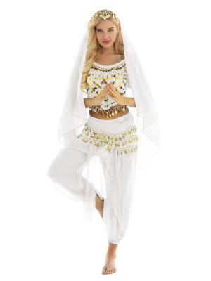 Women's India Belly Dance Costume Shiny Coin Tassel Crop Top and Pants Set