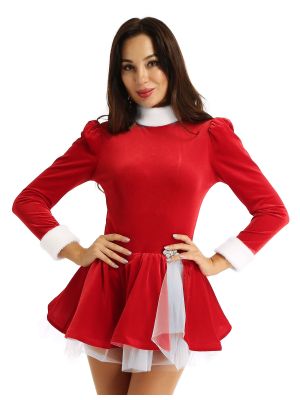Women Christmas Costume Velvet A-line Leotard Dress
