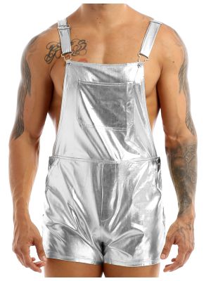 Men Metallic Dungarees Suspender Hot Pants Romper