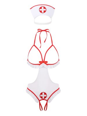 Women Sexy Open Cups Porno Crotchless Bodysuit Uniform Nurse Costume
