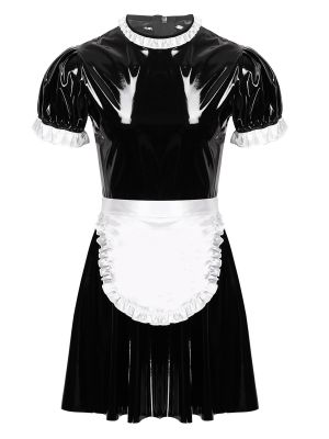 Men's Sissy Maid Costume Outfit Crossdresser Servant Dress with Apron Set