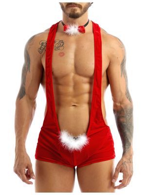 Men Soft Velvet Christmas Lingerie Sexy Wrestling Singlet Bodysuit with Bowtie