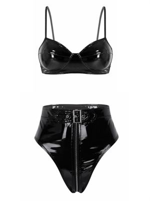 Women's 2pcs Wet Look Lingerie Set Clubwear