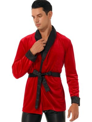 Men's Long Sleeve Velvet Robe Jacket with Belt 