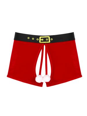 Men Crotchless Velvet Boxer Shorts Santa Costume