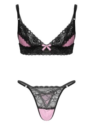 Men Sissy 2pcs Floral Lace Bra and G-String Micro Thong Lingerie Set