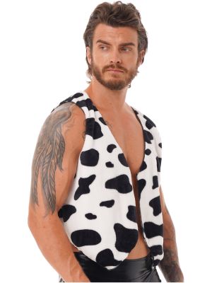 Men's Cow Print Open Front Short Vest Festival Halloween Costume