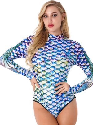 Women's Turtleneck 3D Printing Mermaid Scales Long Sleeve Swimming Bodysuit