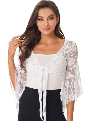 Women Floral Lace 3/4 Flare Bell Long Sleeve Blouse