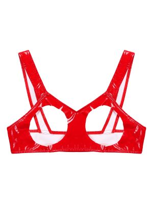 Women's Patent Leather Hollowing Out Wet Look Cupless Bra