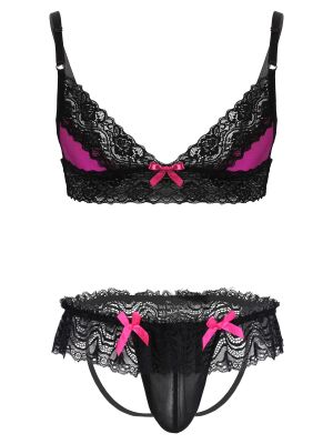 Men Sissy 2pcs Floral Lace Strap Bra Tops and Briefs Lingerie Sets