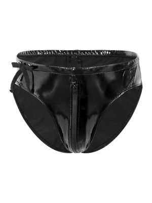 Mens Wet Look Patent Leather Drawstring Zipper Briefs Underwear