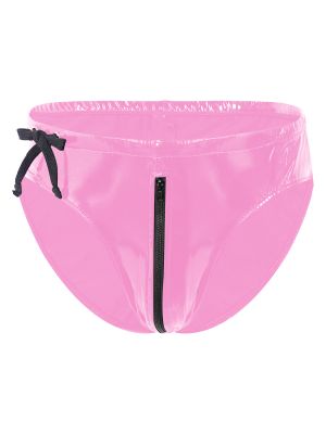 Mens Wet Look Patent Leather Drawstring Zipper Briefs Underwear