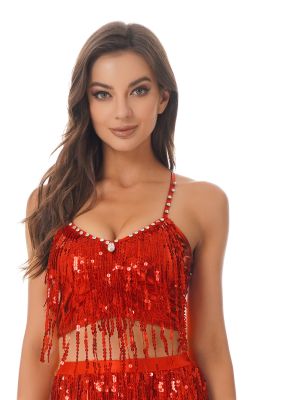 Women's Crisscross Back Belly Dance Sequin Tassel Bras Top