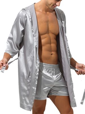 Men Satin Short Sleeve Kimono Robe with Belt Loungwear