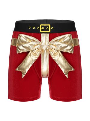 Mens Christmas Bowknot Velvet Boxer Brief Shorts
