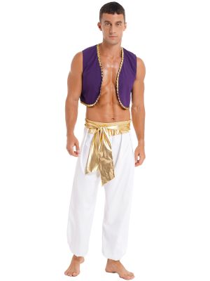 Men Halloween Arabian Costume Sequin Trim Waistcoat with Belted Pants Outfits